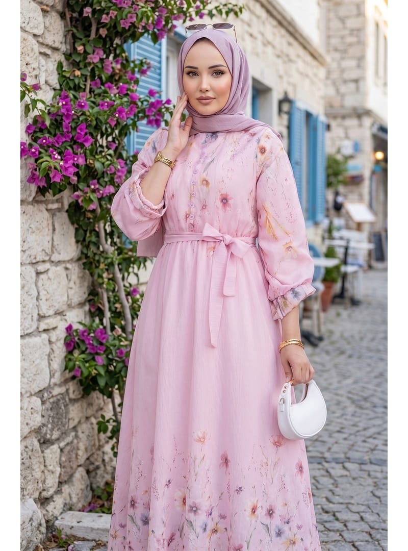 Çiçek Desenli Astarlı Kuşaklı Elbise Pembe HM2923 - Resim 2