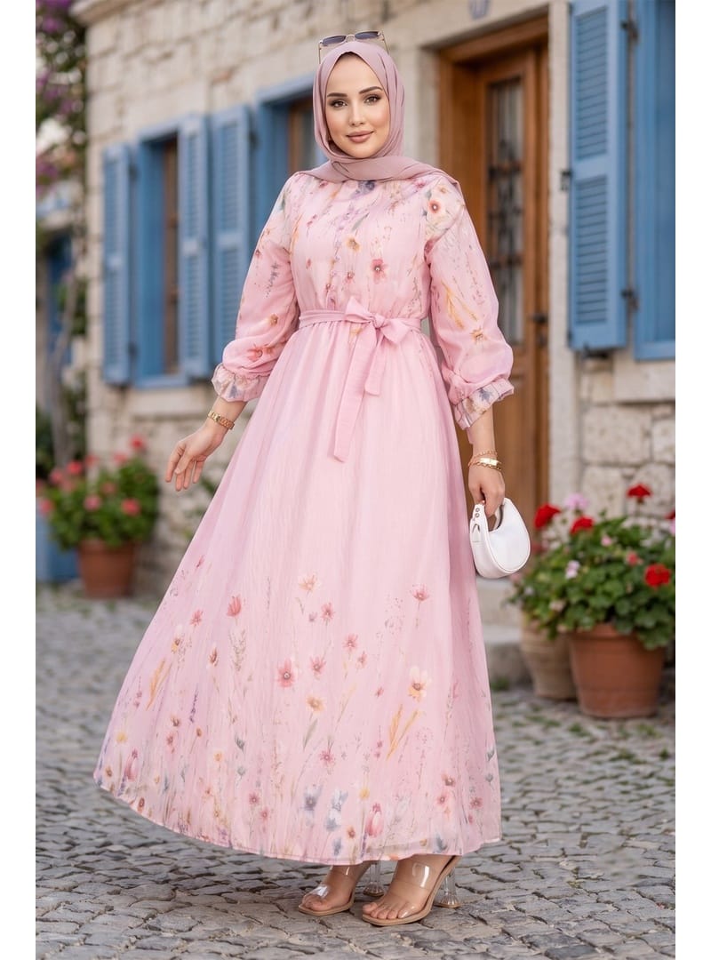 Çiçek Desenli Astarlı Kuşaklı Elbise Pembe HM2923 - Resim 3