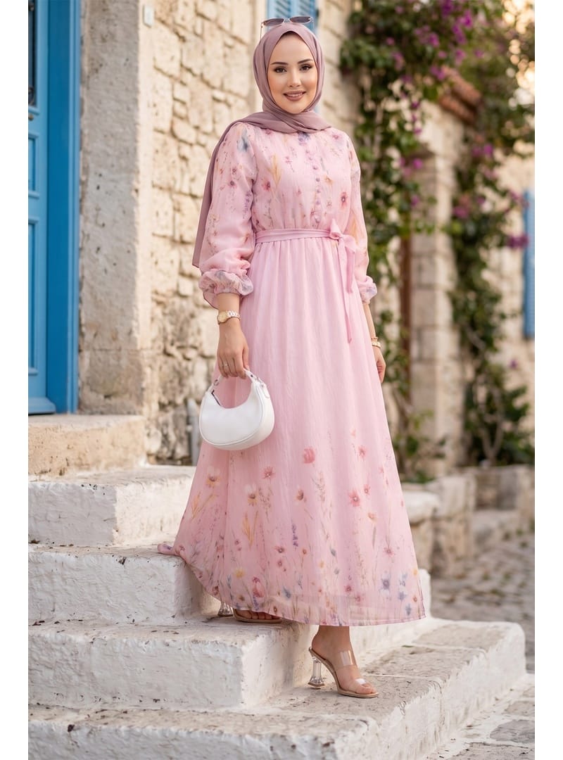 Çiçek Desenli Astarlı Kuşaklı Elbise Pembe HM2923 - Resim 4