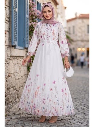 Çiçek Desenli Astarlı Kuşaklı Elbise Beyaz HM2923