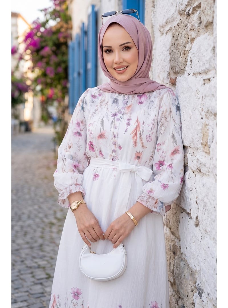 Çiçek Desenli Astarlı Kuşaklı Elbise Beyaz HM2923 - Resim 2
