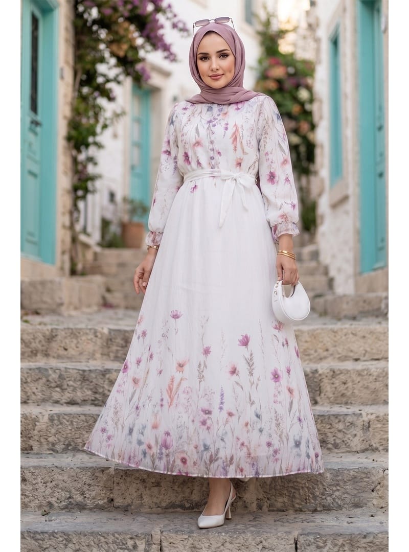 Çiçek Desenli Astarlı Kuşaklı Elbise Beyaz HM2923 - Resim 3