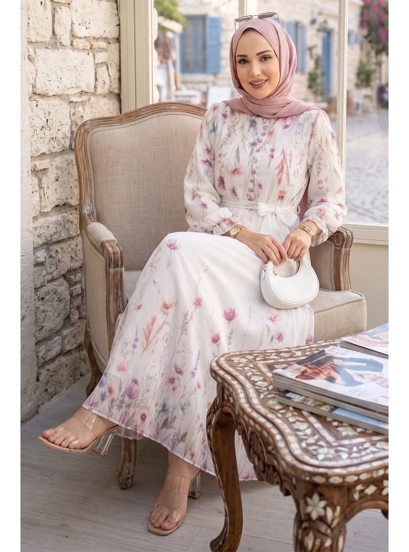 Çiçek Desenli Astarlı Kuşaklı Elbise Beyaz HM2923 - Resim 4