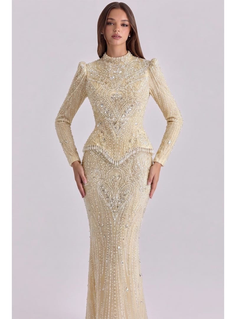 Pul ve İnci Desenli Exclusive Tesettür Abiye Elbise KREM 1083 - Resim 3