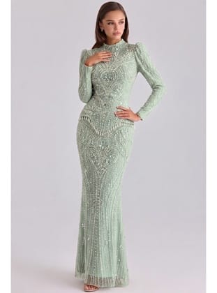 Pul ve İnci Desenli Exclusive Tesettür Abiye Elbise MİNT 1083