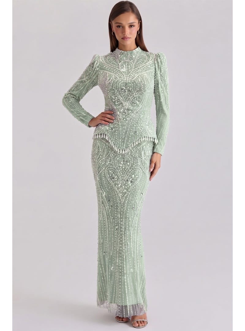 Pul ve İnci Desenli Exclusive Tesettür Abiye Elbise MİNT 1083 - Resim 2