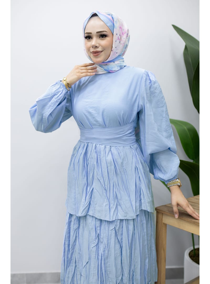 Beli Bağlamalı Kat Kat Elbise TSD260239 Mavi - Resim 2