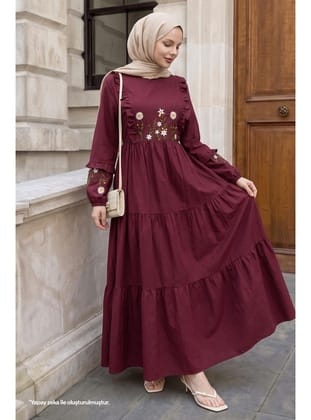 Papatya Nakışlı Bordo Elbise