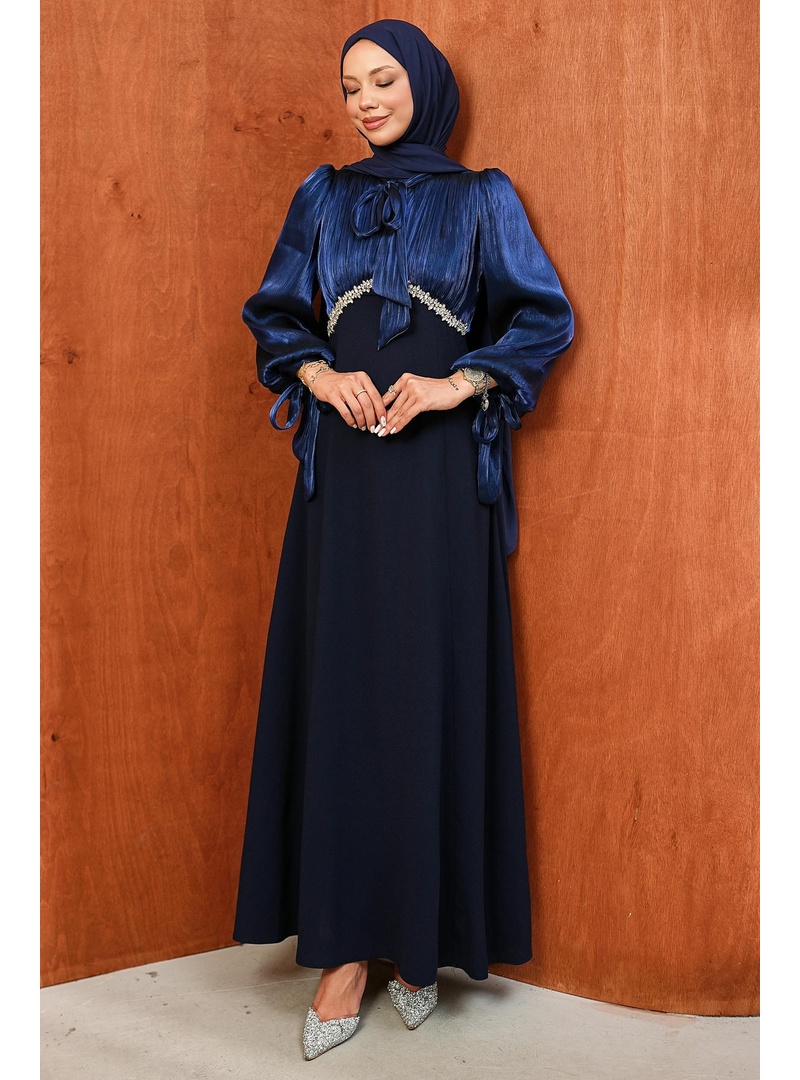 Lacivert Kol Yaka Bağlamalı Taşlı Abiye - Resim 3