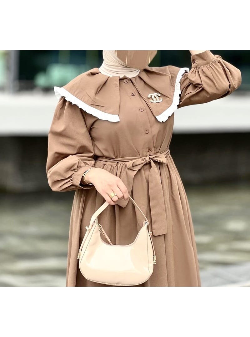 4487 - Yakalı Tesettür Elbise Camel-J4 - Resim 2