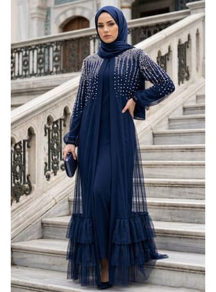 Taş İşlemeli Lacivert Tül Fırfırlı Tesettür Abaya 60882L