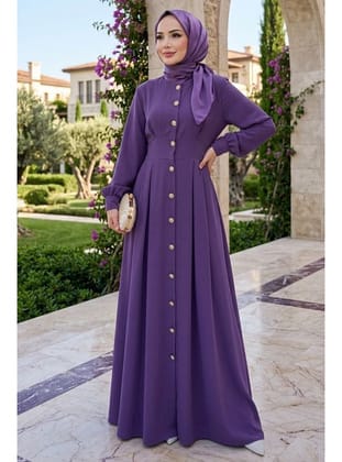 Düğmeli Krep Koyu Lila Tesettür Abaya Elbise 10191KLILA