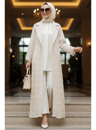 Güpür Dantelli Bej Tesettür Abaya Kimono 63191BEJ