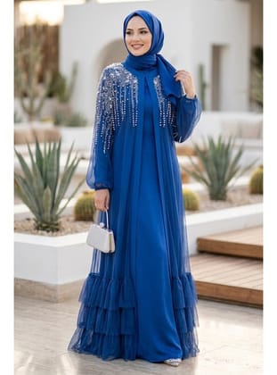 Taş İşlemeli Koyu İndigo Mavisi Tül Fırfırlı Tesettür Abaya 60882KIM