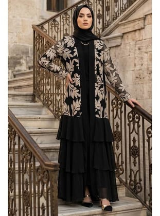 Güpür Dantel Detaylı Siyah Tesettür Abaya 63260S