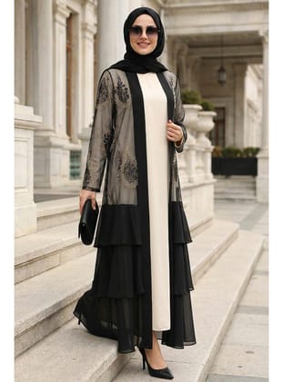 Nakışlı Güpür Siyah Fırfırlı Tesettür Abaya 63262S