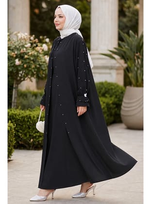 İnci Detaylı Siyah Tesettür Abaya Elbise 10271S