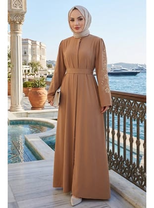 Kolları Nakış İşlemeli Bisküvi Tesettür Abaya Elbise 60013BS