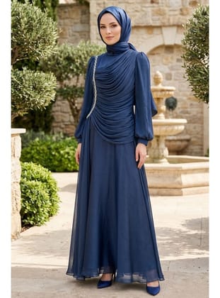 - Işıltılı Lacivert Drapeli Tesettür Abiye 57091L