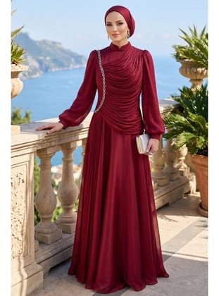 - Işıltılı Bordo Drapeli Tesettür Abiye 57091BR