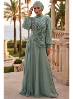 - Işıltılı Mint Drapeli Tesettür Abiye 57091MINT