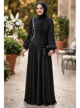 - Işıltılı Siyah Drapeli Tesettür Abiye 57091S