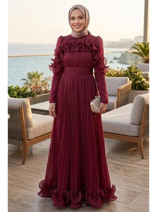 - Işıltılı Bordo Fırfırlı Piliseli Tesettür Abiye 55691BR
