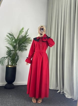 4513 - Yakalı Tesettür Elbise Kirmizi