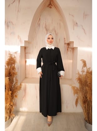 4504 - Taş Detaylı Tesettür Elbise Si̇yah-L5