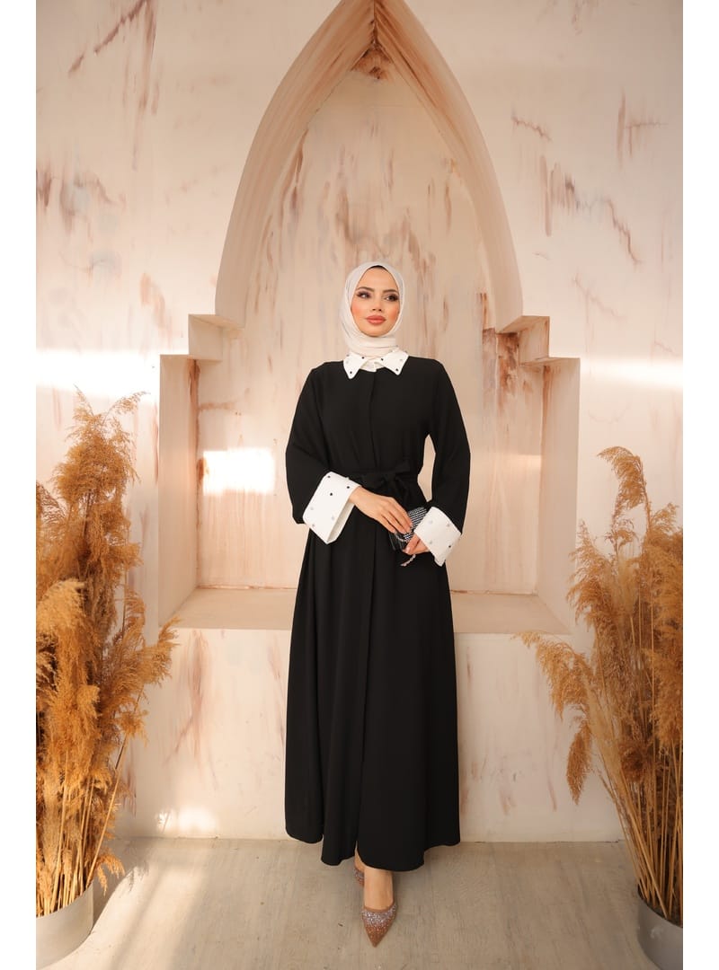 4504 - Taş Detaylı Tesettür Elbise Si̇yah-L5 - Resim 2
