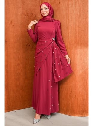 Bordo Bel Detaylı Taşlı Abiye