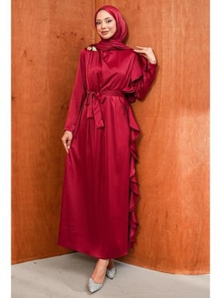 Bordo Omuz Bronşlu Saten Abiye