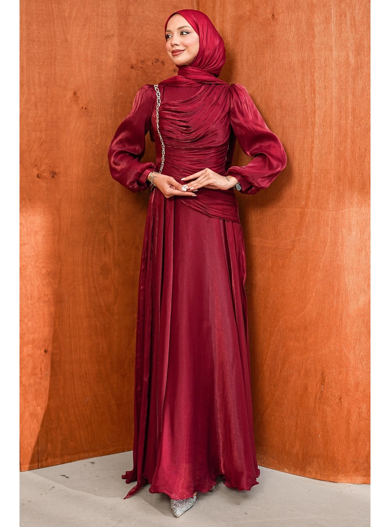 Bordo Önü Büzgü Taşlı Janjan Abiye - Resim 3