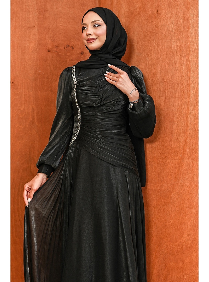Siyah Önü Büzgü Taşlı Janjan Abiye - Resim 2