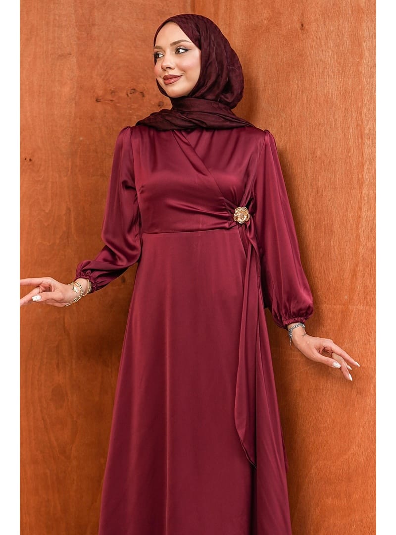 Bordo Bronş Detaylı Saten Abiye - Resim 2
