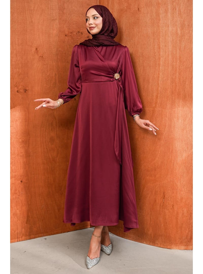 Bordo Bronş Detaylı Saten Abiye - Resim 3