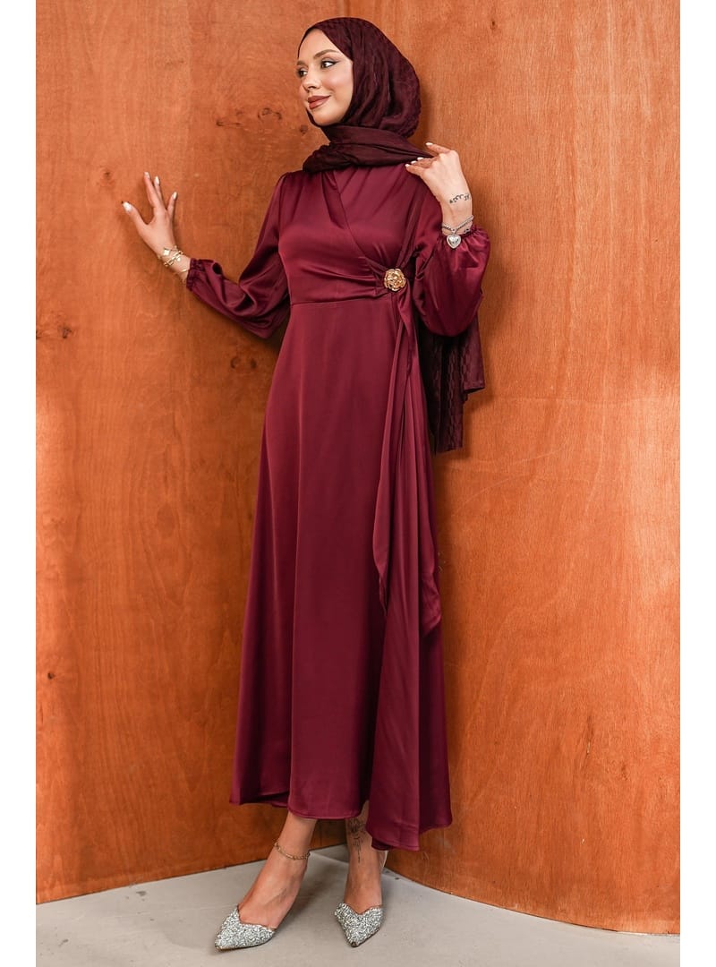 Bordo Bronş Detaylı Saten Abiye - Resim 4