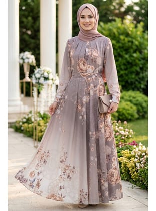 Desenli Vizon Tesettür Elbise 25471V