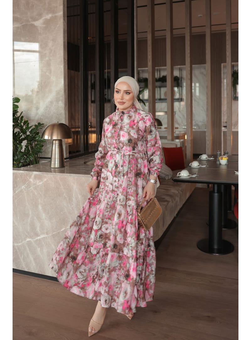 Pembe Yarım Düğmeli Kol Lastikli Eteği Katlı Elbise - Resim 2