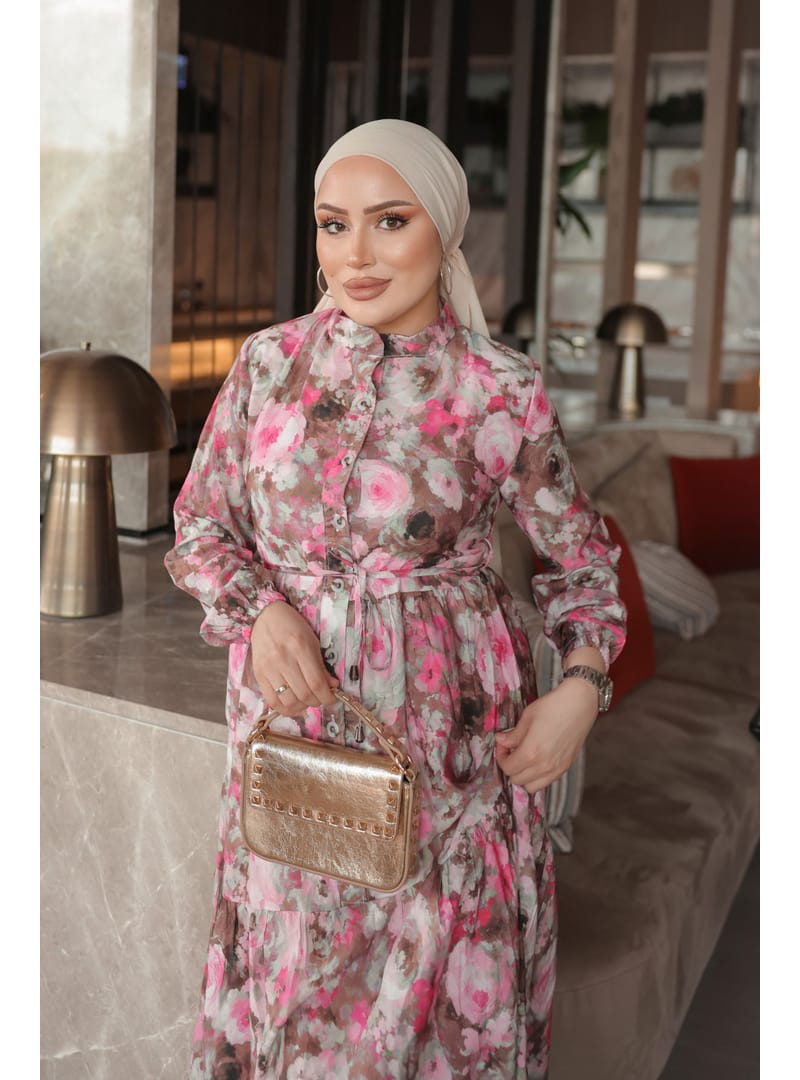Pembe Yarım Düğmeli Kol Lastikli Eteği Katlı Elbise - Resim 4