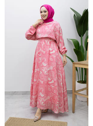 Karışık Desenli Beli Lastikli Elbise TSD260244 Pembe