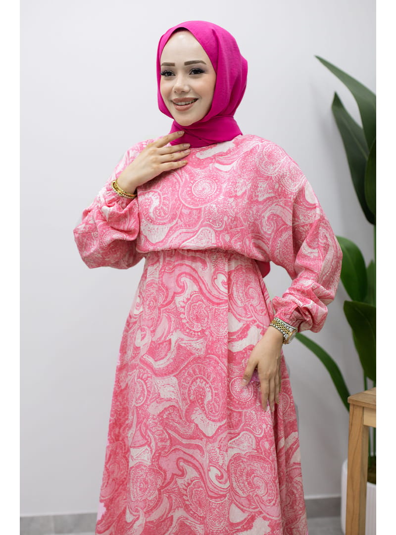 Karışık Desenli Beli Lastikli Elbise TSD260244 Pembe - Resim 2