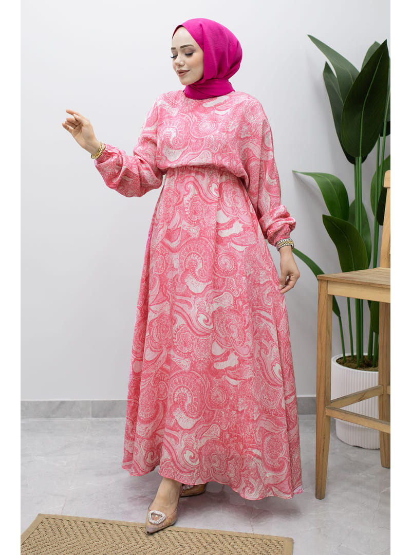 Karışık Desenli Beli Lastikli Elbise TSD260244 Pembe - Resim 3
