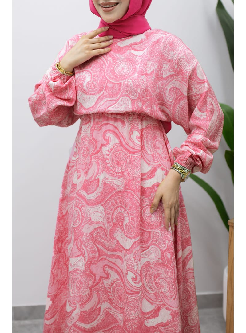 Karışık Desenli Beli Lastikli Elbise TSD260244 Pembe - Resim 4