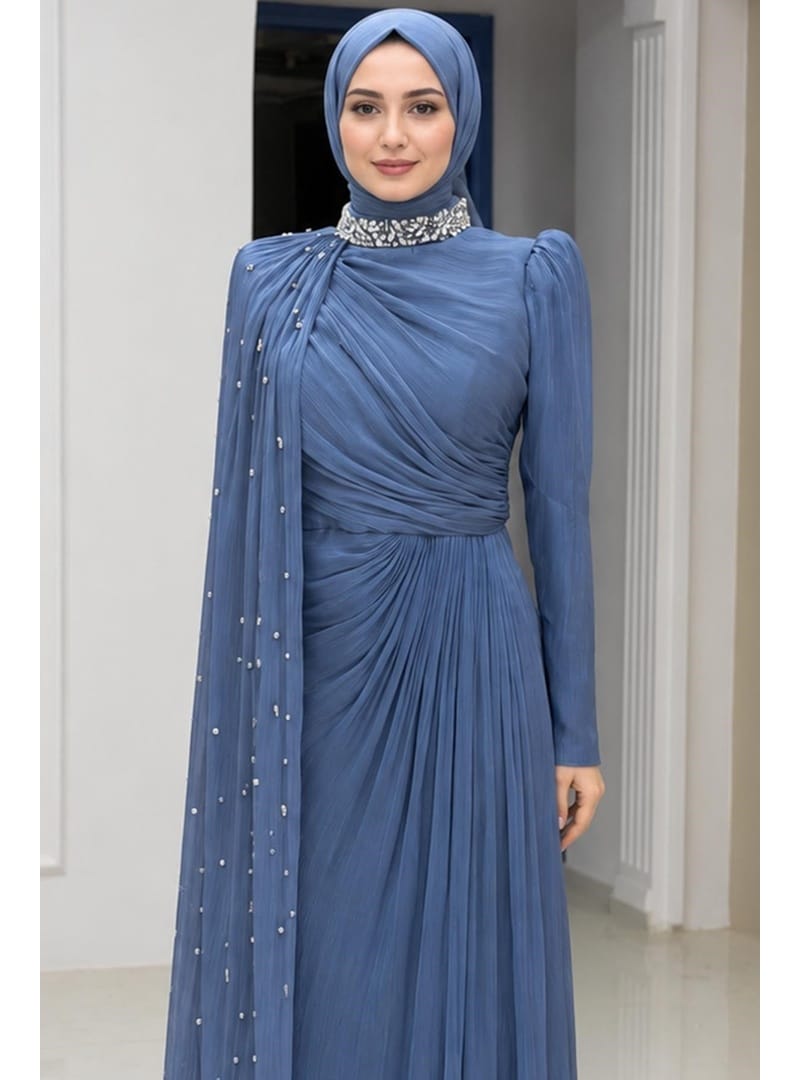 Amine Hüma Helen Abiye Elbise İndigo - Resim 2