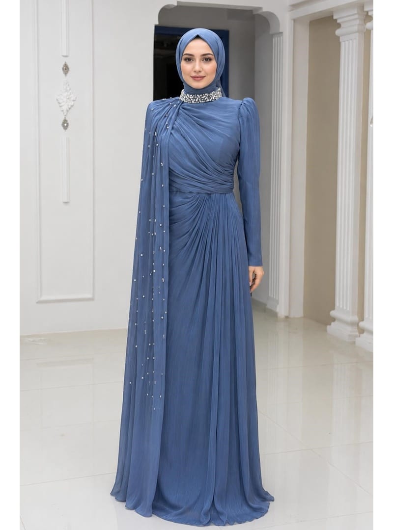 Amine Hüma Helen Abiye Elbise İndigo - Resim 3
