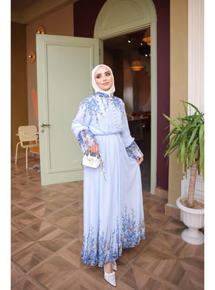 Buz Mavi Bel Lastikli Desenli Elbise