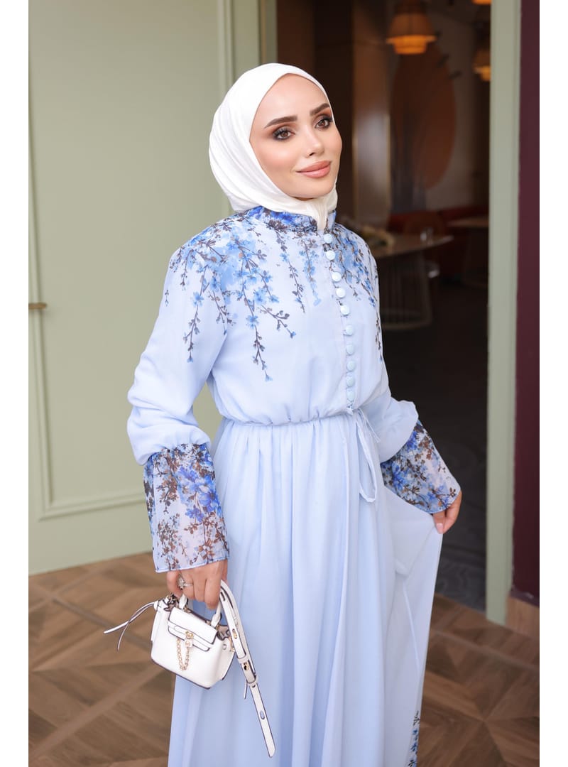 Buz Mavi Bel Lastikli Desenli Elbise - Resim 3