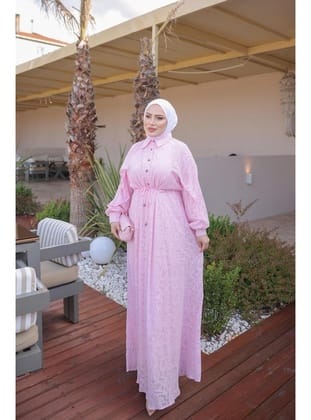 Pembe Bel Bağlamalı Desenli Elbise