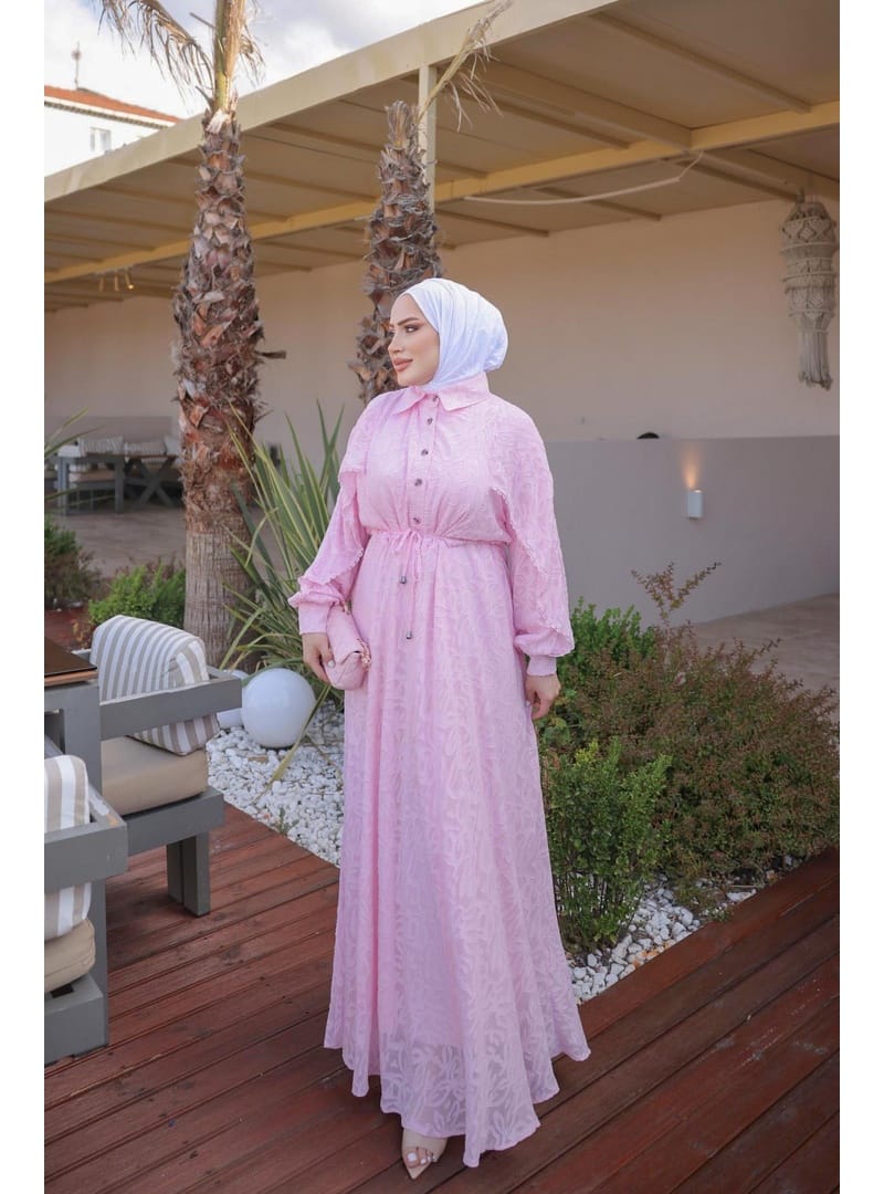 Pembe Bel Bağlamalı Desenli Elbise - Resim 2